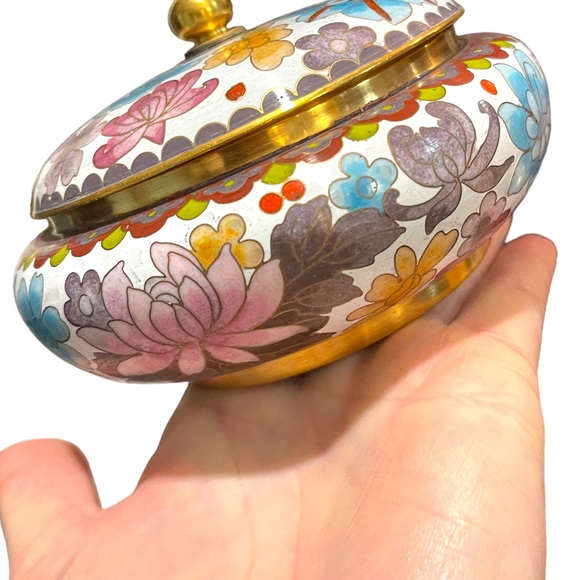 JINGFA chinese Cloissone Brass painted metal trinket bowl & lid - Picture 4 of 8